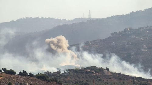 Smoke billows from the site of an Israeli airstrike that targeted the southern Lebanese village of Kfarkila