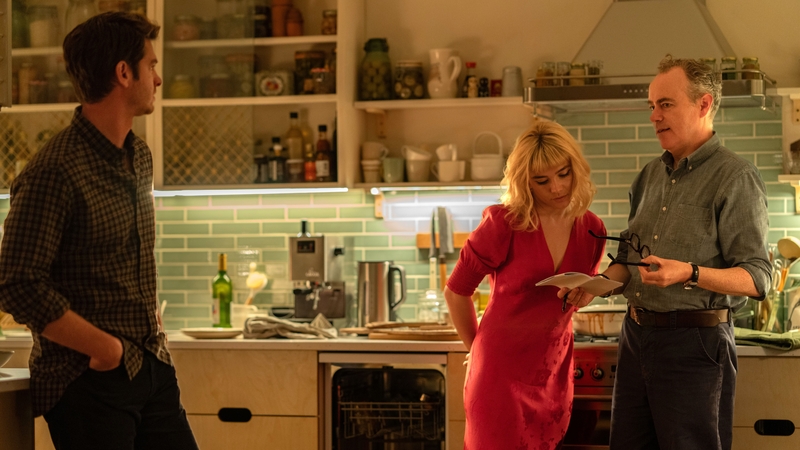 (L-R) Stars Andrew Garfield and Florence Pugh and director John Crowley on the set of We Live in Time