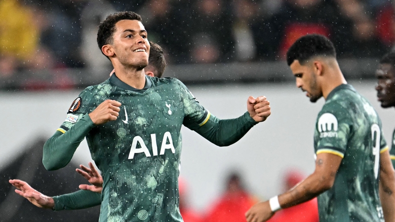 Brennan Johnson celebrates scoring Tottenham's second goal of the evening against Ferencvaros