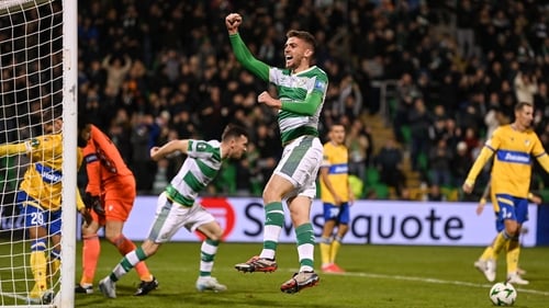 Dylan Watts celebrates scoring Shamrock Rovers' equaliser