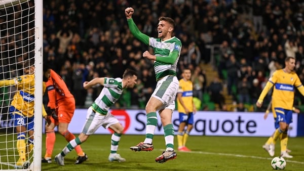 Dylan Watts celebrates scoring Shamrock Rovers' equaliser