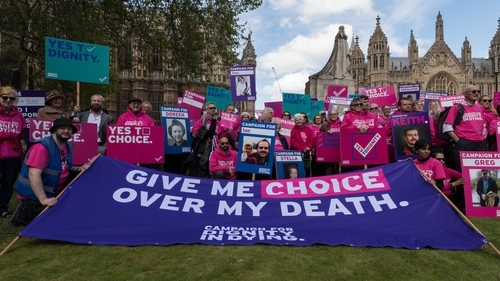 Campaigners from Dignity in Dying organisation take part in a rally outside Houses of Parliament earlier this year