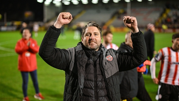 The Derry boss salutes the fans afterwards at Dalymount Park