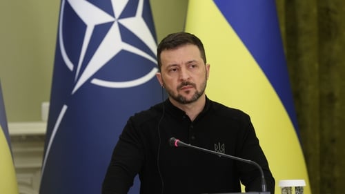Volodymyr Zelensky seen at a press conference on 3 October with new NATO Secretary General Mark Rutte