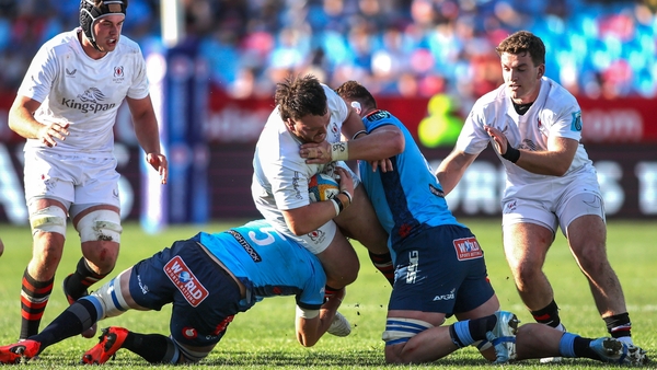 Corrie Barrett of Ulster is tackled by Ruan Nortje and Cobus Wiese