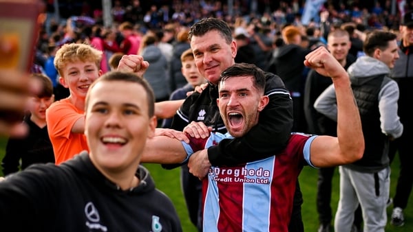 Kevin Doherty embracing midfielder Luke Heeney in the aftermath of their FAI Cup semi-final