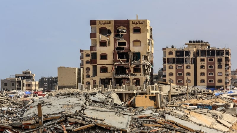 A view of a destroyed buildings in Khan Yunis, Gaza, following Israeli airstrikes