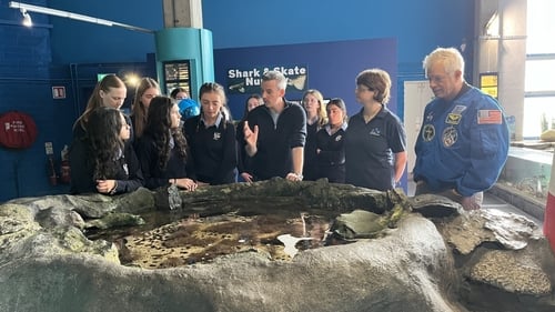 Former US astronaut Steve Swanson and students from Dominican College, Taylor's Hill in Galway