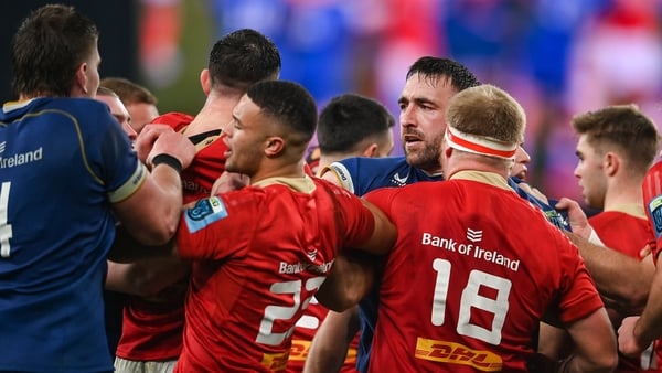 Munster and Leinster players tussle during their meeting at the Aviva Stadium in November 2023