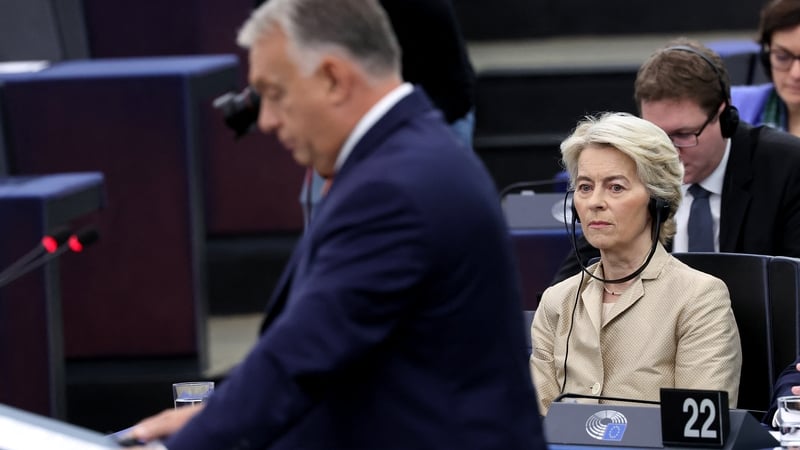 European Commission President Ursula von der Leyen listens to Hungary's Prime Minister Viktor Orban speech