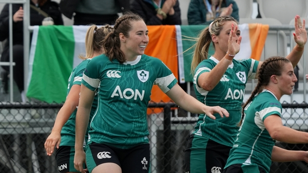Ireland's players celebrate their try in the 21-8 defeat to Canada