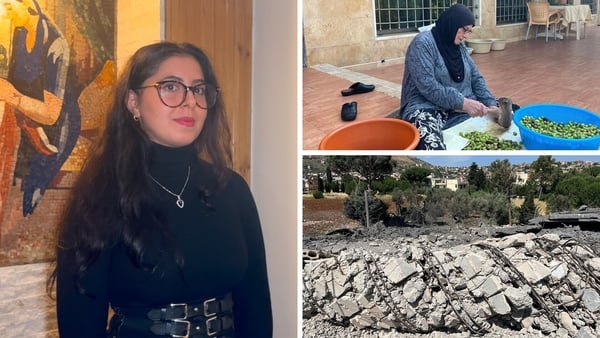 Sereen Sarhan; her grandmother (top right) working with her homegrown olives; their house has been destroyed (bottom right)