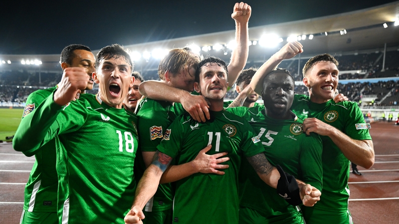Republic of Ireland players celebrate Robbie Brady's winner