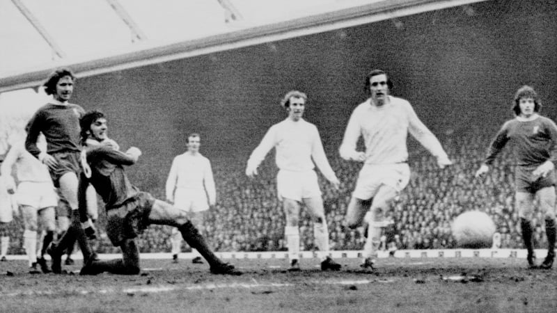 Peter Cormack scoring for Liverpool against Leeds United in 1973