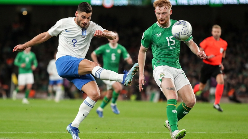 Liam Scales in action against Greece in last year's UEFA EURO 2024 qualifying defeat in Dublin