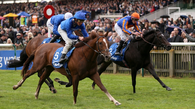 Shadow Of Light ridden by William Buick (L) coming home to win the Darley Dewhurst Stakes