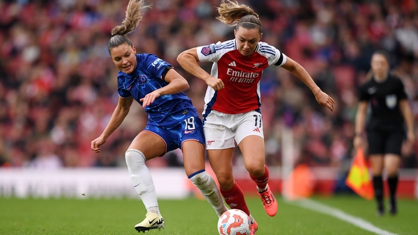 Republic of Ireland captain Katie McCabe battles for possession with Chelsea's Johanna Rytting Kaneryd