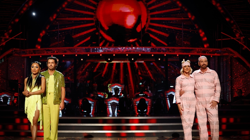 (L-R) Nancy Xu and Shayne Ward and Luba Mushtuk and Nick Knowles awaiting their dance-off fate