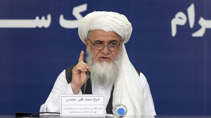 Mohammad Faqir Mohammadi, Deputy of the Taliban's Ministry of Virtue and Vice, speaks during a press conference in Kabul in August