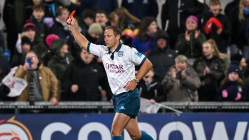 Referee Andrew Brace shows a red card to Josh Murphy of Connacht in Saturday's game against Ulster