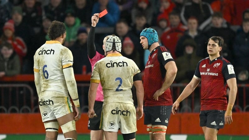 Northampton Saints hooker Curtis Langdon receives a red card during his team's meeting with Munster in January