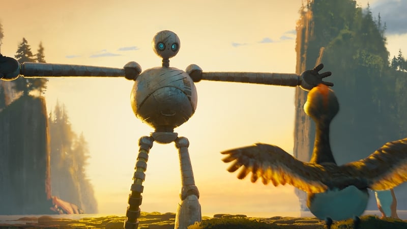 Roz (Lupita Nyong'o) and Brightbill (Kit Connor) in The Wild Robot