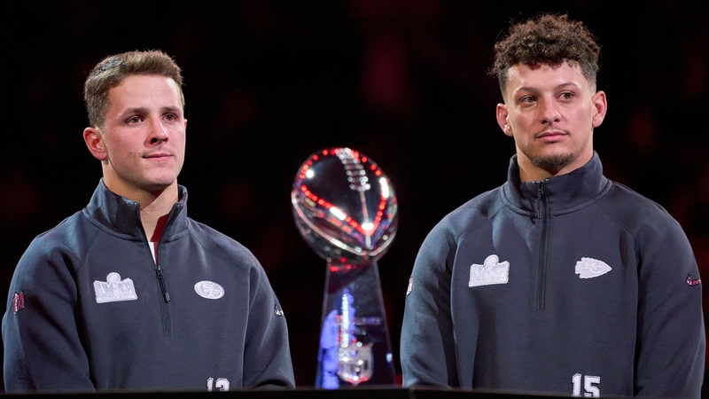 The Chiefs Patrick Mahomes (R) got his hands on the Vince Lombardi Trophy when they beat Brock Purdy's 49ers in Super Bowl LVIII in February