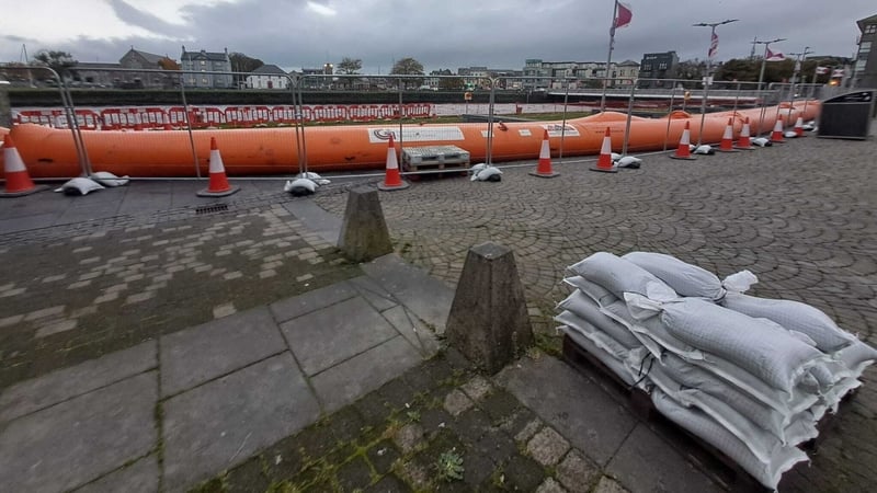 A flood barrier in place at the Spanish Arch in Galway