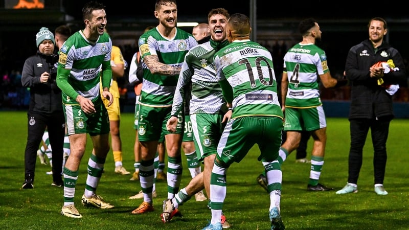 Dylan Watts of Shamrock Rovers, second from right, celebrates a crucial win