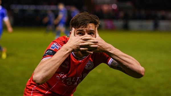 Sean Boyd celebrates his penalty that put Shels ahead