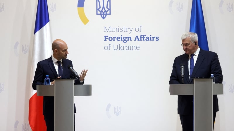 French Foreign Minister Jean-Noel Barrot (L) was speaking on a visit to Kyiv alongside his Ukrainian counterpart Andriy Sybiga (R)
