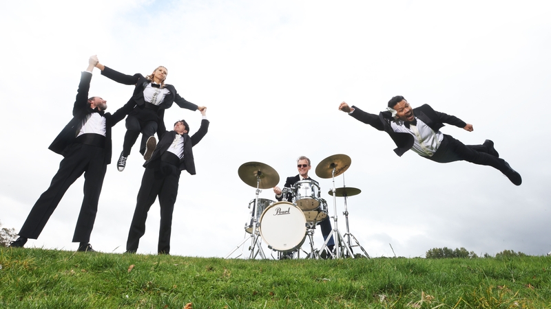 Drummer Conor Guilfoyle and dancers Yvonne Kalter, Jonathan Mitchell, Alex O'Neill and Don king Rongavilla from CoisCéim Dance Theatre, performing a scene from The Piece with The Drums in Dublin's Fairview Park. Photo credit: Leon Farrell/Photocall Irelan