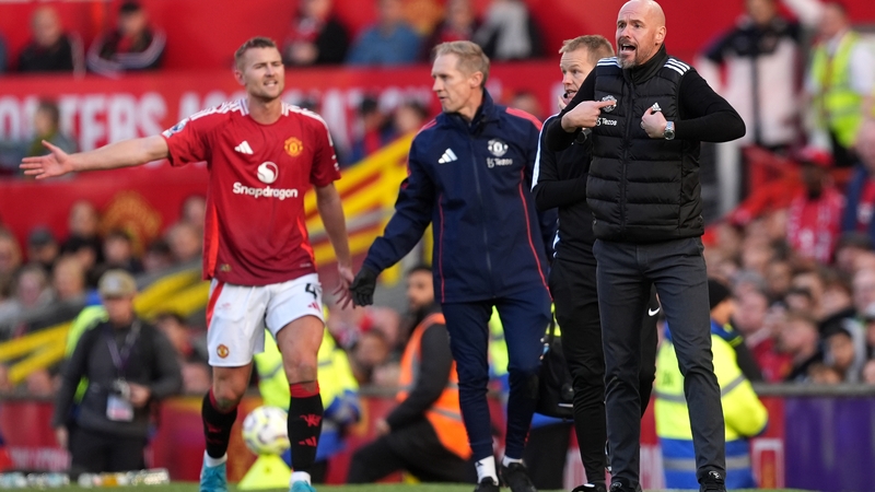 Manchester United manager Erik ten Hag reacts after his side concede a goal while Matthijs de Ligt (left) is off the pitch