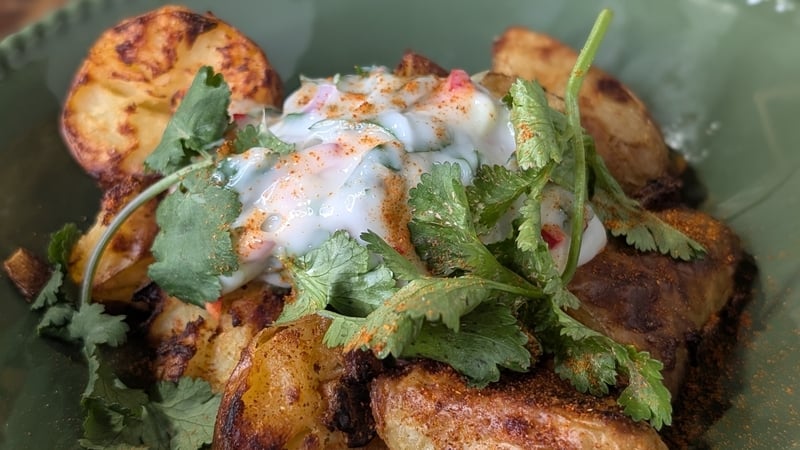 Trisha's smashed crispy baby potatoes with ginger, chilli & lime mayonnaise