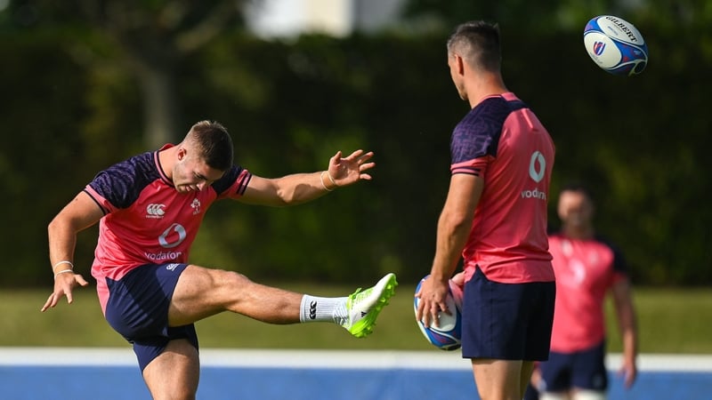Johnny Sexton (r) and Jack Crowley during a World Cup training session last year