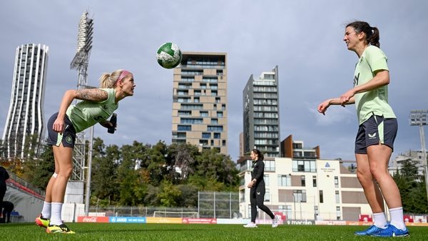 Denise O'Sullivan and Niamh Fahey during training at Mikheil Meskhi Stadium II in Tbilisi