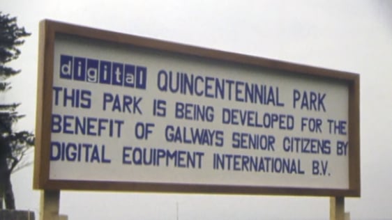 A sign for the Digital Quincentennial Park for senior citizens in Salthill, County Galway, 1984.