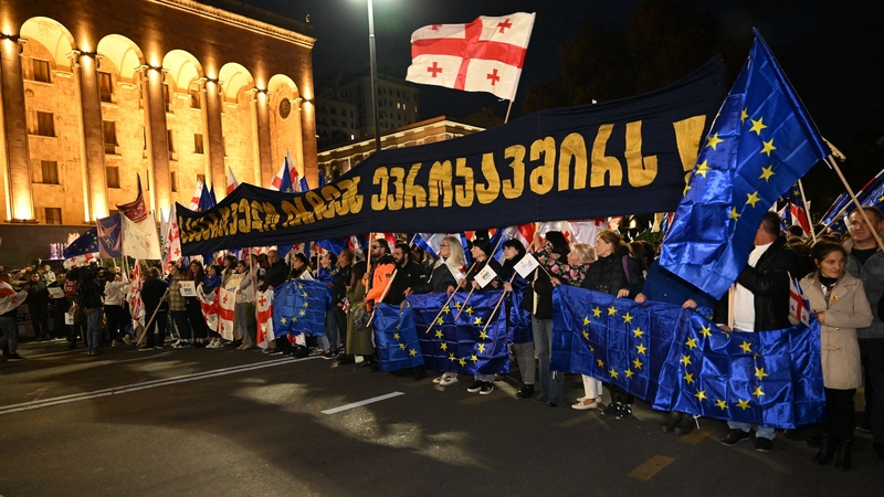 Pro-EU supporters at a rally in Tbilisi earlier this week hold a banner that reads: 'Georgia chooses the European Union'