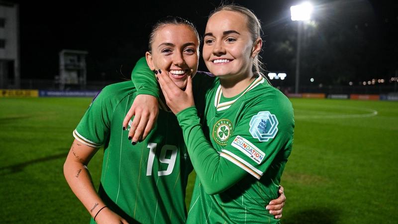 Abbie Larkin (L) with Izzy Atkinson after Ireland's win in Georgia