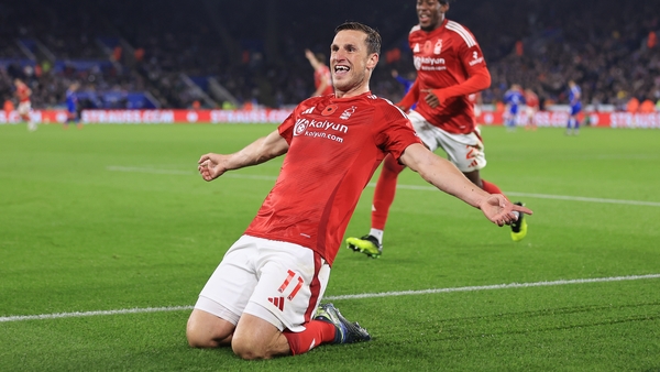 Chris Wood celebrates his second goal at the King Power Stadium