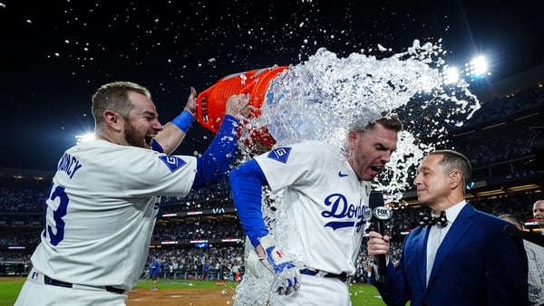 Freddie Freeman gets a shower after his walk-off grand slam