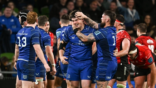 Hooker Stephen Smyth is congratulated by Andrew Porter after his side's late penalty try