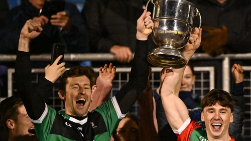 Ballina Stephenites joint-captains David Clarke, left, and Sam Callinan lift the Paddy Moclair Cup