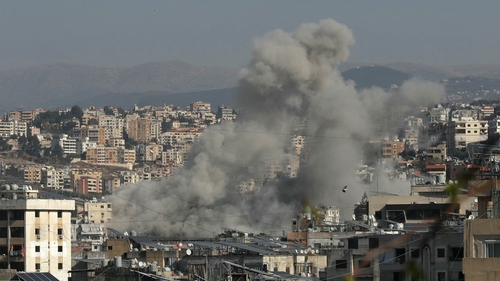Smoke rises from the site of an Israeli airstrike that targeted the Haret Saida area, next to southern Lebanese city of Sidon