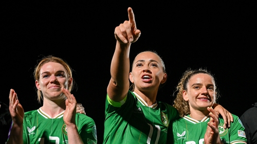 Onwards to Tallaght: Aoife Mannion, Katie McCabe and Leanne Kiernan celebrate last week's Georgia drubbing