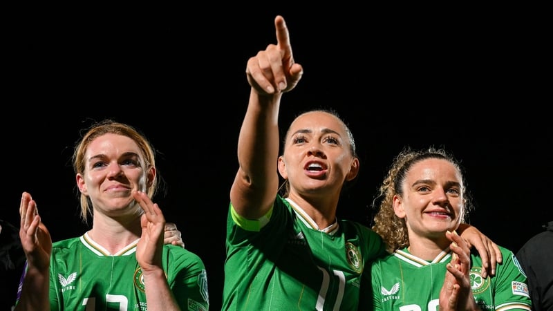 Onwards to Tallaght: Aoife Mannion, Katie McCabe and Leanne Kiernan celebrate last week's Georgia drubbing
