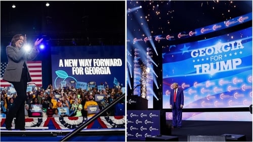 Kamala Harris and Donald Trump during their respective rallies in Georgia