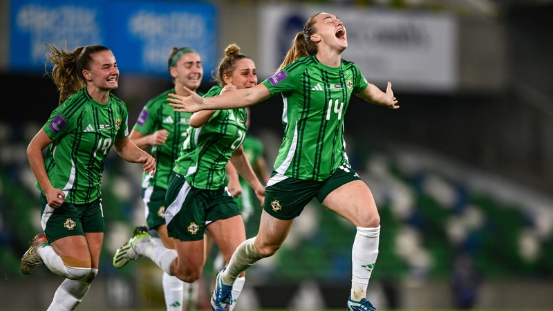 Lauren Wade celebrates her goal, which sent Northern Ireland through to the play-off decider