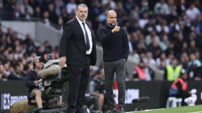 Pep Guardiola (R) and Ange Postecoglou's sides meet at Tottenham Hotspur Stadium tonight
