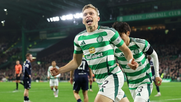 Alistair Johnston celebrates scoring the opener for Celtic